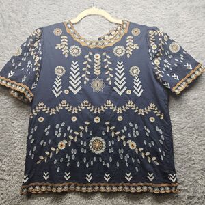 Main Strip Womens Navy Blue Embroidered Blouse Size Small Bohemian Floral Casual